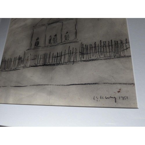 624 - Pencil sketch of Peel Park bandstand, Salford. In the manner of L S Lowry. Signed lower right, L S L... 