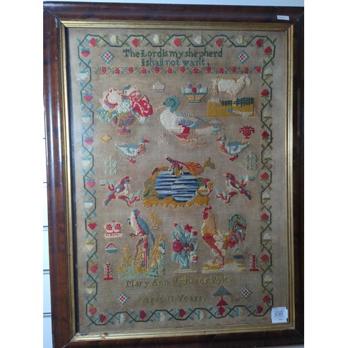 630 - 19th century sampler by Mary Ann Richards Pyle. 58cm x 76cm