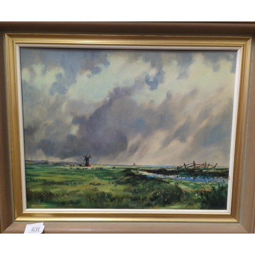 631 - David Hardcastle- Oil on board, Lower Burgh Marshes, Norwich. 54cm x 44cm inclusive of frame.