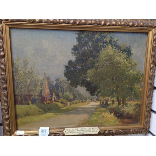 634 - Joseph Edward Hennah (1896-1963) Oil on canvas of Goldcliff church (with presentation plaque). 60cm ... 