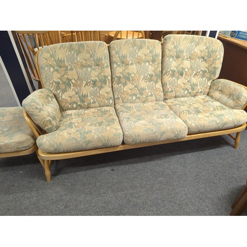 690 - Blonde Ercol jubilee Three seater sofa W197cm D88cm H89cm with matching footstool 53 X53 H39cm appro... 