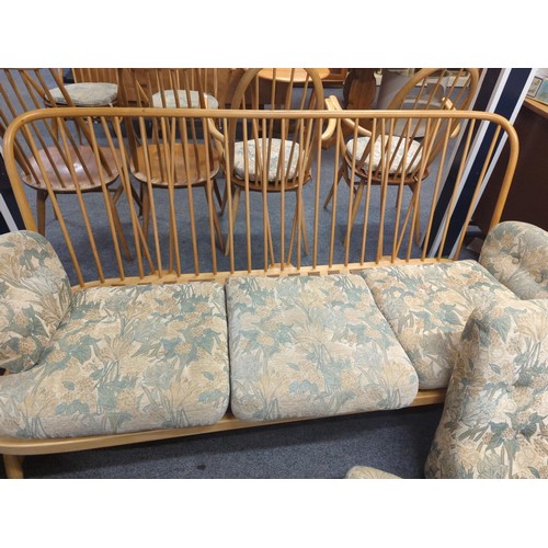 690 - Blonde Ercol jubilee Three seater sofa W197cm D88cm H89cm with matching footstool 53 X53 H39cm appro... 