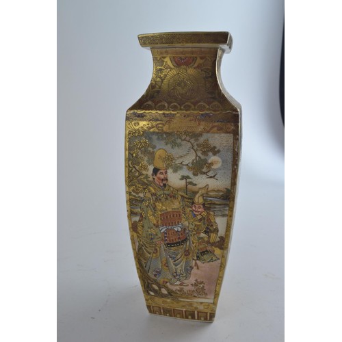 558 - A pair of late C19th/early C20th Japanese Satsuma square section vases with painted and gilt panels ... 