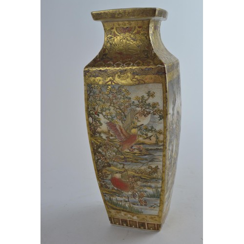 558 - A pair of late C19th/early C20th Japanese Satsuma square section vases with painted and gilt panels ... 