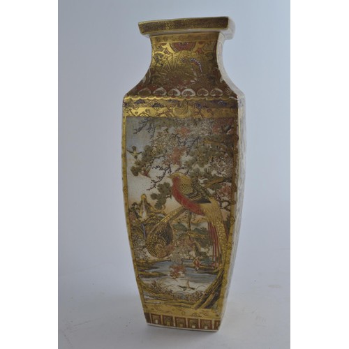 558 - A pair of late C19th/early C20th Japanese Satsuma square section vases with painted and gilt panels ... 