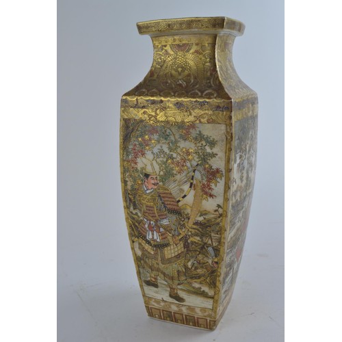 558 - A pair of late C19th/early C20th Japanese Satsuma square section vases with painted and gilt panels ... 