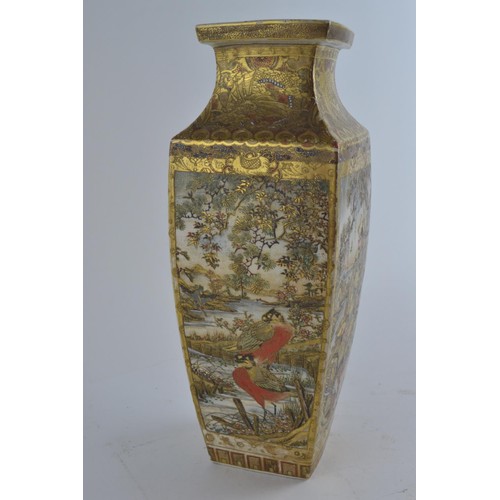 558 - A pair of late C19th/early C20th Japanese Satsuma square section vases with painted and gilt panels ... 