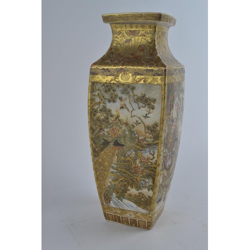 558 - A pair of late C19th/early C20th Japanese Satsuma square section vases with painted and gilt panels ... 