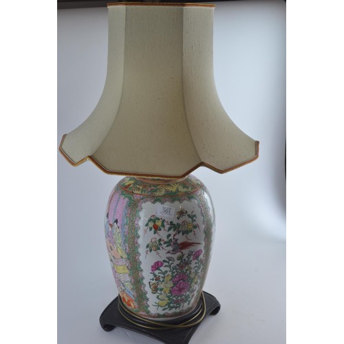 561 - Large C20th Chinese famille rose ginger jar converted to a table lamp, four panel decoration depicti... 