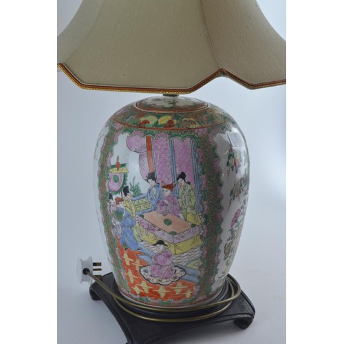 561 - Large C20th Chinese famille rose ginger jar converted to a table lamp, four panel decoration depicti... 