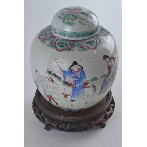 564 - Late C19th/early C20th Chinese famille rose ginger jar depicting a figure on horseback with others. ... 