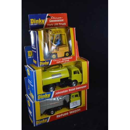 579 - Three industrial Dinky Die Cast vehicles, all in original packaging. Refuse Wagon 978, Johnston Road... 