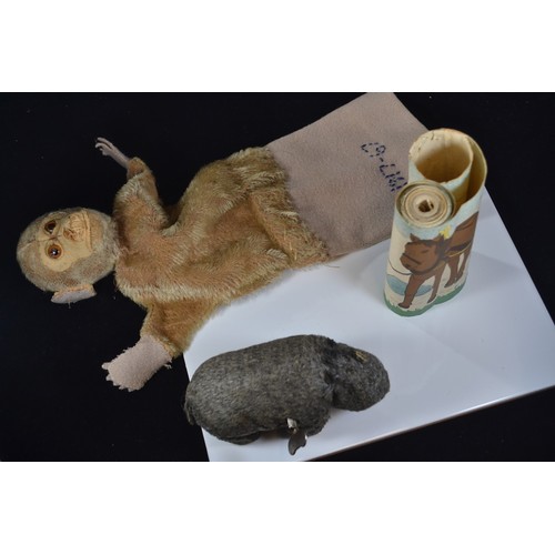 577A - Three vintage children's items. Hand puppet monkey, Mechanical wind up Bear marked with ALPS foreign... 