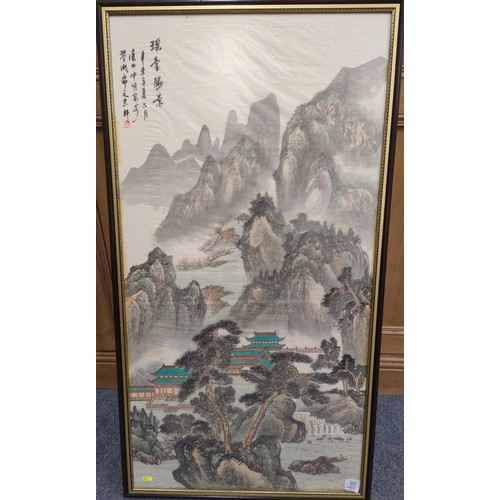 611 - Large signed Oriental painting on silk. 62cm x 118cm