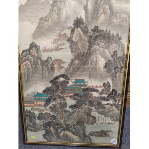 611 - Large signed Oriental painting on silk. 62cm x 118cm