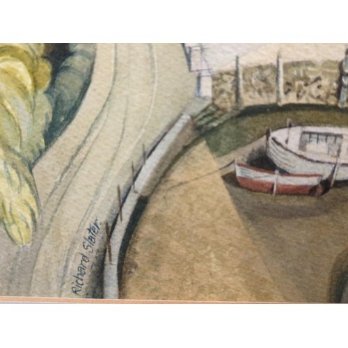 612 - Richard Slater RI (1927 - 2023) 'Anthony Passage' watercolour. 75cm x 60cm inclusive of frame.