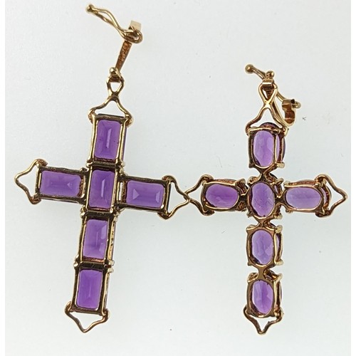 216 - Two 14ct gold and amethyst cross pendants, 39mm length, gross weight 3.62 grams