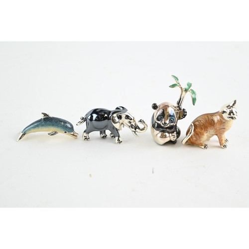 320 - Four miniature silver animals, comprising enamelled cat, dolphin, elephant and panda, panda height 4... 