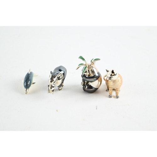 320 - Four miniature silver animals, comprising enamelled cat, dolphin, elephant and panda, panda height 4... 