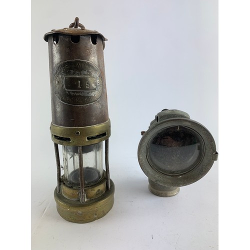 468B - Vintage minors Davey lamp Thomas & Williams Ltd H26.5cm along with vintage cycle oil lamp