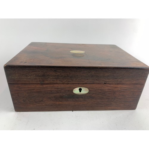 507A - 2 wooden tea caddies one with key  + Mother of pearl inlaid box W25cm D17cm H10cm