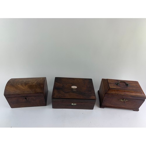 507A - 2 wooden tea caddies one with key  + Mother of pearl inlaid box W25cm D17cm H10cm