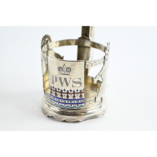 306 - Russian 84 standard silver and champlevé enamel tea glass holder, with crowned initials 'P.W.... 