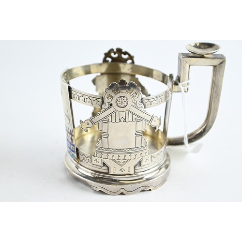 306 - Russian 84 standard silver and champlevé enamel tea glass holder, with crowned initials 'P.W.... 