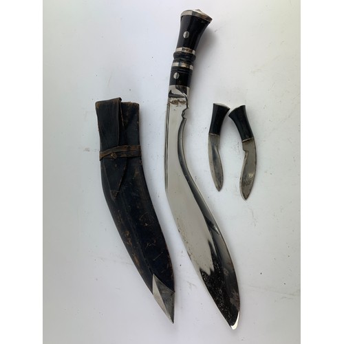 495 - Kukri Knife L41cm complete with leather scabbard and both small skinning knives, Hunting knife L23cm... 