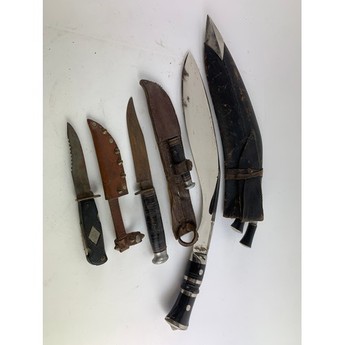 495 - Kukri Knife L41cm complete with leather scabbard and both small skinning knives, Hunting knife L23cm... 