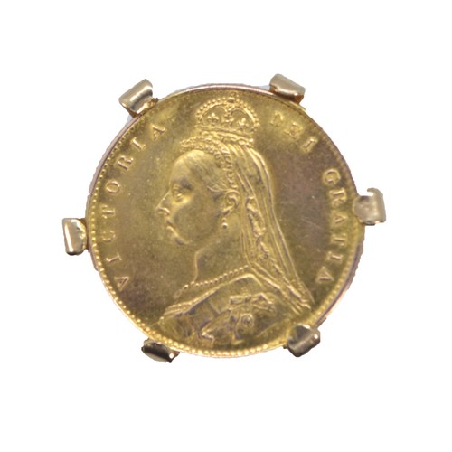 125 - 9ct gold 1887 half sovereign mounted in a 9ct gold ring, size P1/2, gross weight 7.71 grams