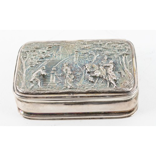 346 - Edwardian silver snuff box, George Unite & Sons, Birmingham 1903, the cover embossed with figure... 