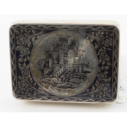 302 - Russian 84 zolotnik silver and niello box, assay maker and town marks indecipherable, the cover... 