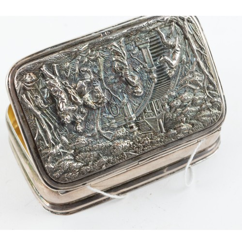 346 - Edwardian silver snuff box, George Unite & Sons, Birmingham 1903, the cover embossed with figure... 