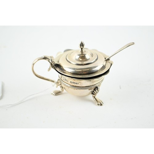 327A - Victorian silver glass lined mustard pot with spoon and three silver napkin rings, various maker's a... 