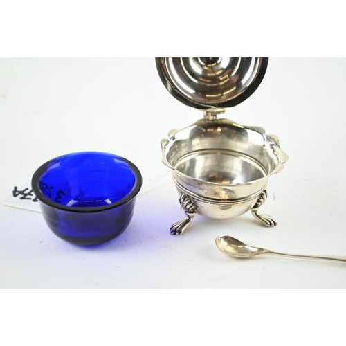 327A - Victorian silver glass lined mustard pot with spoon and three silver napkin rings, various maker's a... 