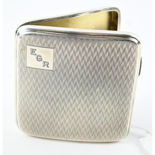 367B - Silver engine-turned cigarette case, JL, Birmingham 1924, initialled 'EGR', 8 x 8cm, gross weig... 