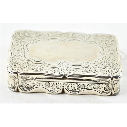 374A - Victorian silver snuff box, Frederick Marson, Birmingham 1863, engraved with scrolls and vacant... 