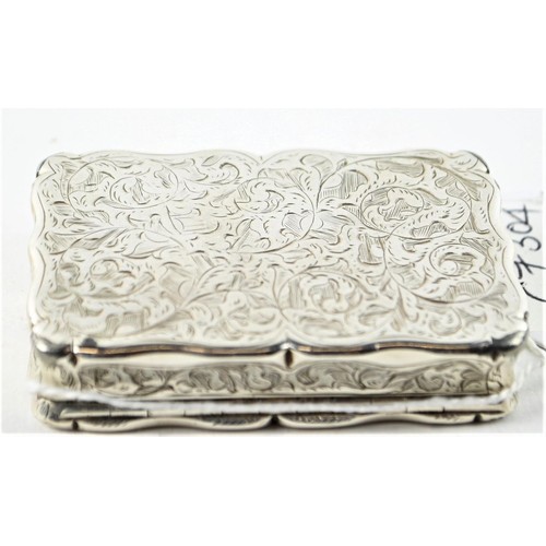 374A - Victorian silver snuff box, Frederick Marson, Birmingham 1863, engraved with scrolls and vacant... 