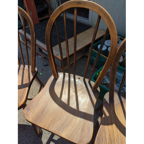 235 - 5 stickback elm seated kitchen chairs. One with missing stick.