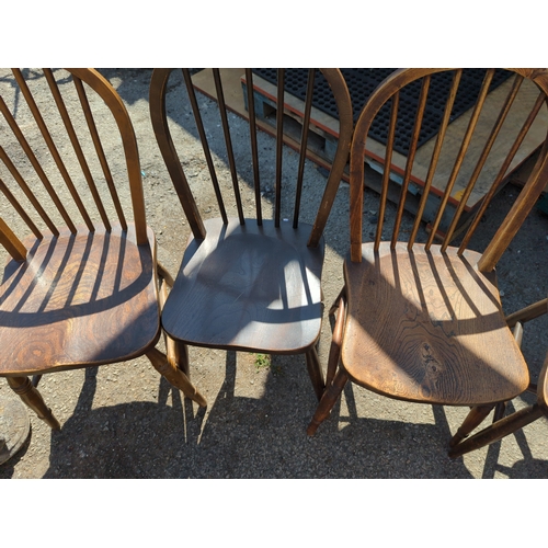 235 - 5 stickback elm seated kitchen chairs. One with missing stick.