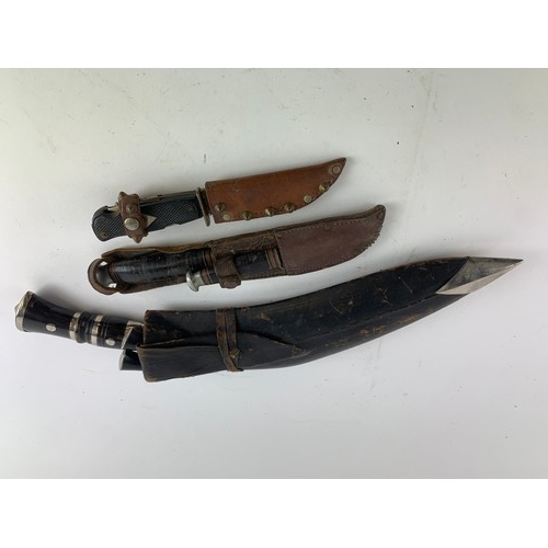 495 - Kukri Knife L41cm complete with leather scabbard and both small skinning knives, Hunting knife L23cm... 