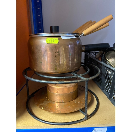 382 - Copper and Medes metals fondue set with pan, skewers and stand with burner.