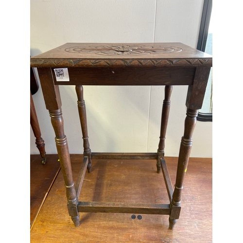 397 - Oak carved top occasional table. W51 D 40 H72.5 cm