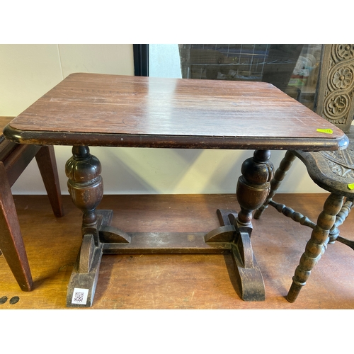 404 - Oak rectangular occasional table with single stretcher and heavy carved legs. W 59 D43 H48 cm