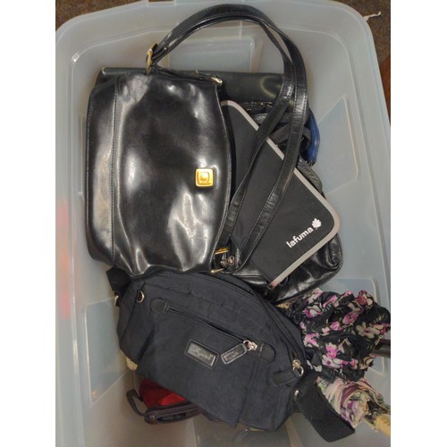 306 - Two boxes of handbags and purses and umbrellas inc Wierd fish, Sirco etc..