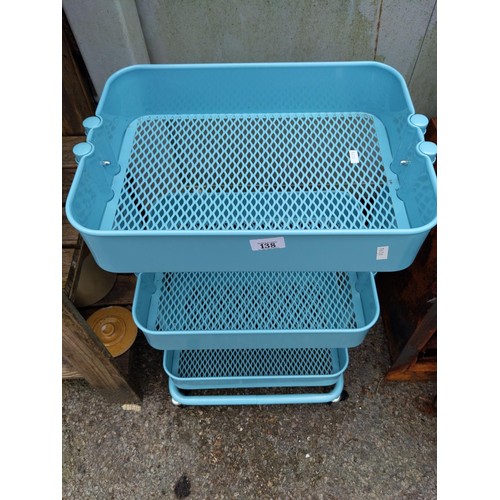 138 - 3 tier metal trolley/veg rack on wheels W30cm x D44cm x 79cm 