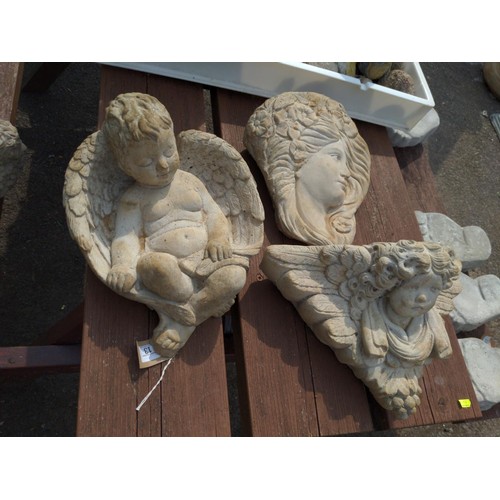 13 - Two concrete wall hanging planters + 1 x sleeping concrete cherub