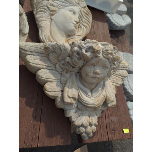 13 - Two concrete wall hanging planters + 1 x sleeping concrete cherub