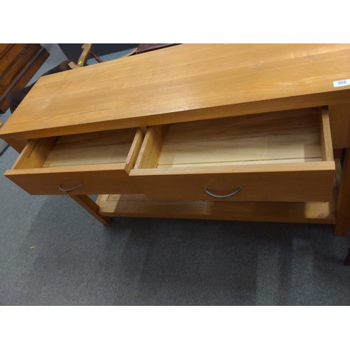 518 - 2 drawer oak side unit. L132cm D39cm H82cm